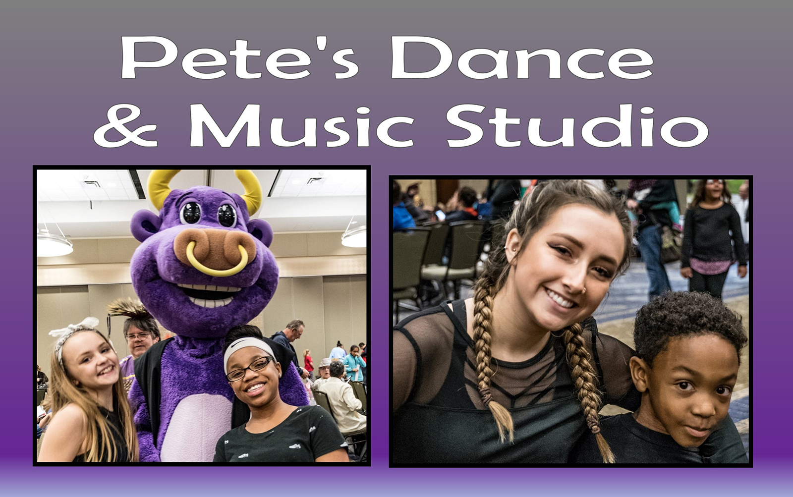 Photo of Pete the Purple Bull and several young dancers with text that says Pete's Dance and Music Studio