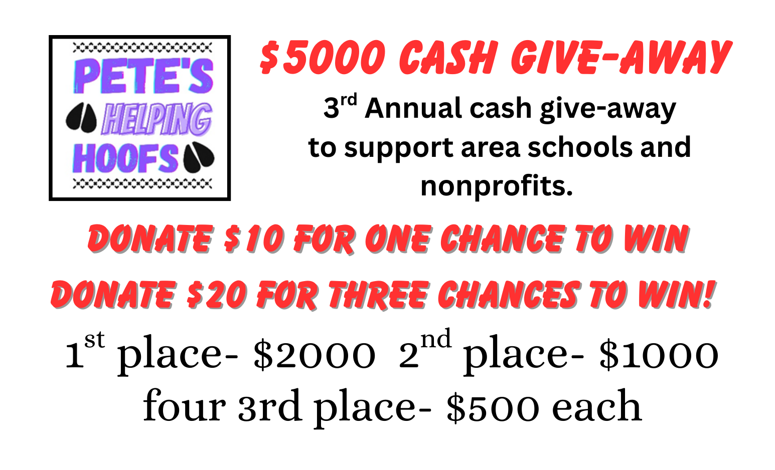 Pete's Helping Hoofs $5000 Cash Give-Away flyer